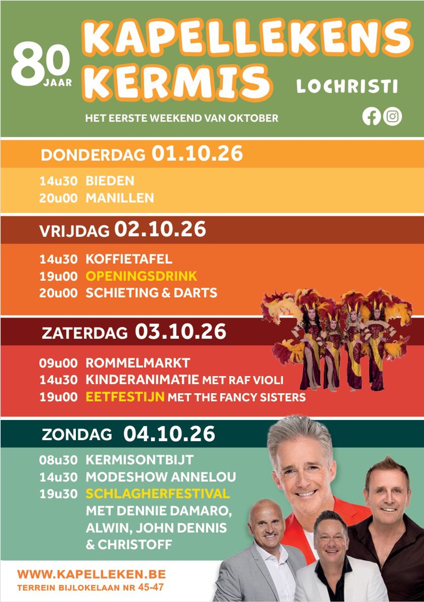 Affiche van Kapellekens Kermis 2026 met het programma van donderdag tot zondag